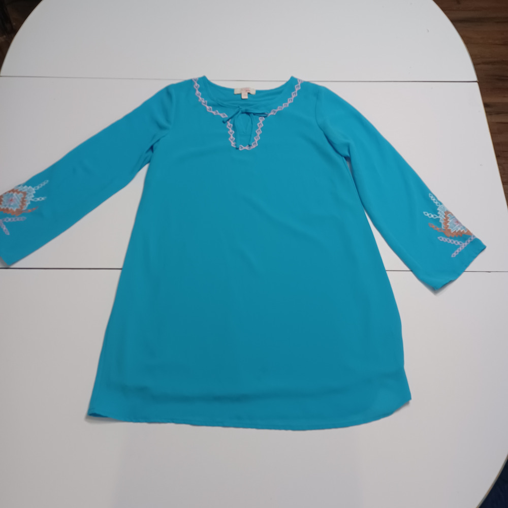 GB Girls Women Medium Shift Dress Blue Pink Stretch Scoop Neck Long Sleeve